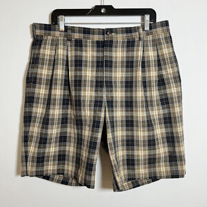 Mens Plaid Shorts Size 36 Brown Cotton Pleated Chino Preppy Classic Golf Casual